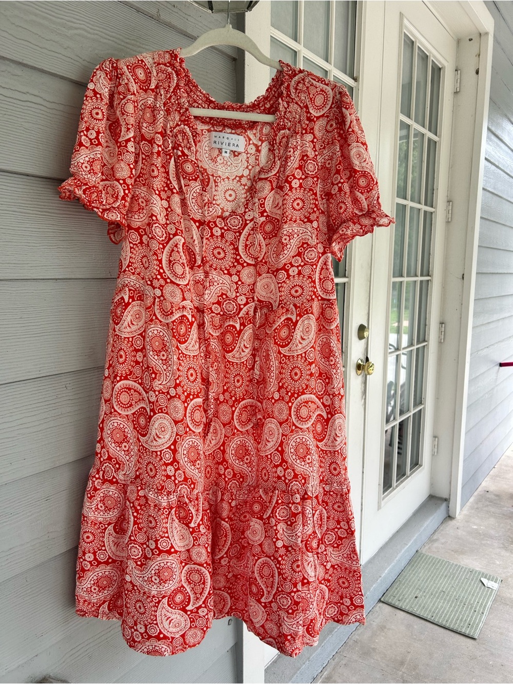 Margaux Riviera Orange White Paisley Boho Ruffle Mini Dress M Cottagecore